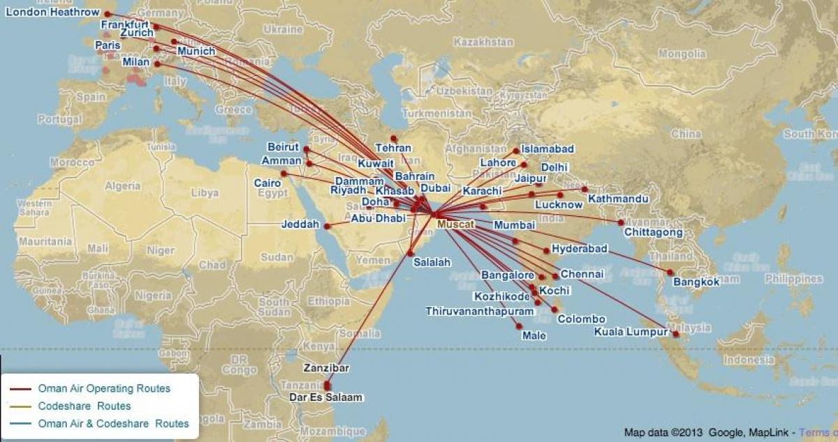 Omán aire voo mapa